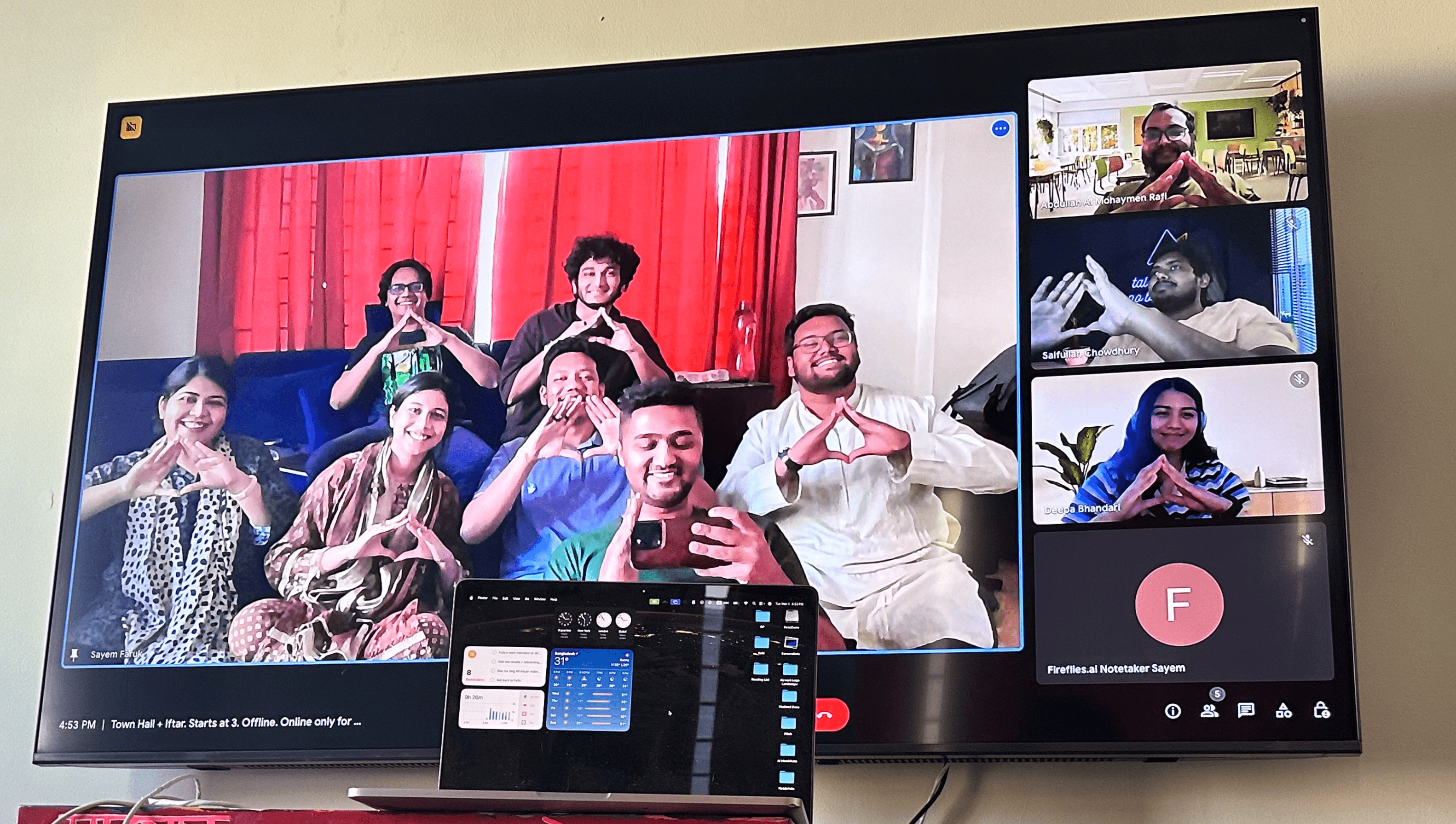 life at airwork, laptop connected with tv, in meeting selfie, airwork ai team members