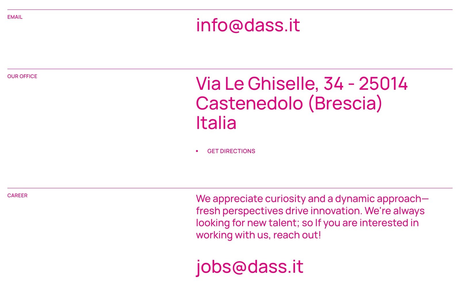White background with magenta text. Email: info@dass.it. Address: Via Le Ghiselle, 34 - 25014 Castenedolo (Brescia) Italia. Career note...