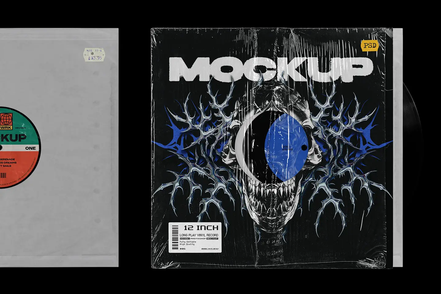 Vinyl record mockup inner sleeve with editable cover and visible vinyl record