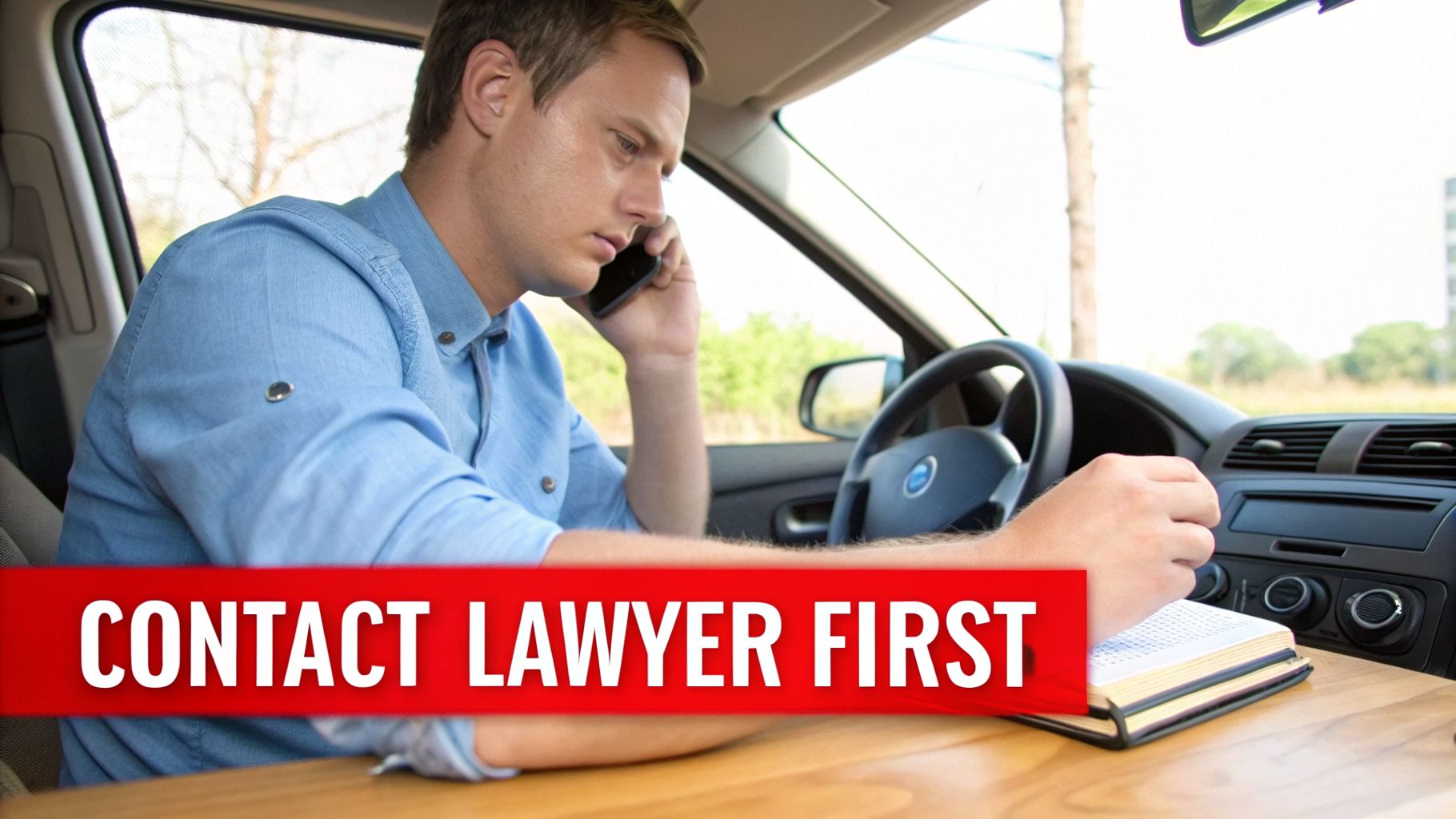 A man in a car talking on a phone, looking at a book with a 'CONTACT LAWYER FIRST' banner.