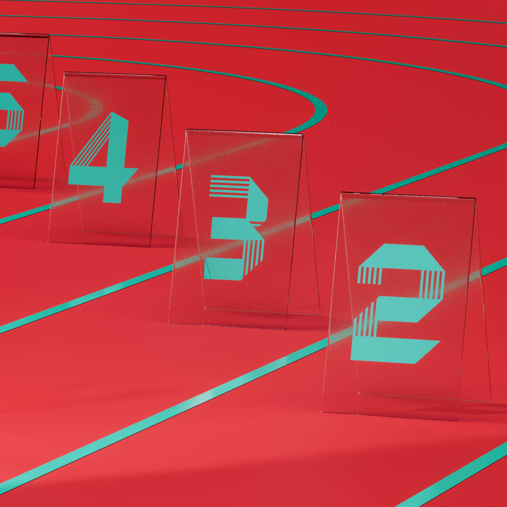 Graphic image of custom-designed countdown numbers 5 to 2, displayed on signs on a bright red athletic track with teal lines, creating a bold and modern sports event atmosphere.