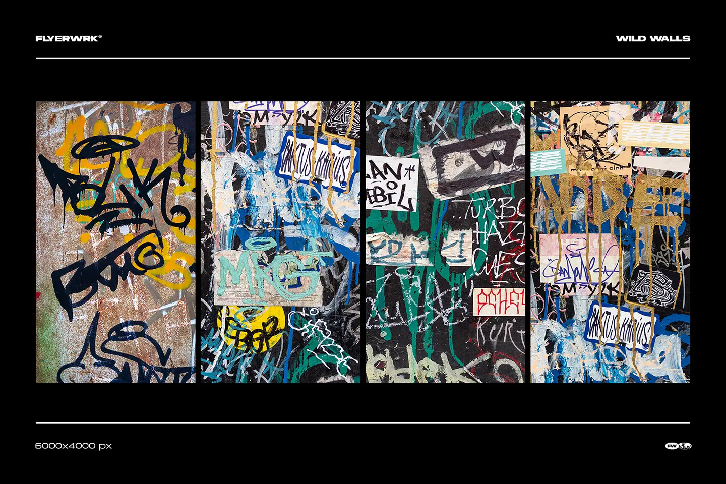 Selection of four wild walls urban backgrounds showing vibrant graffiti stickers and layered street poster textures