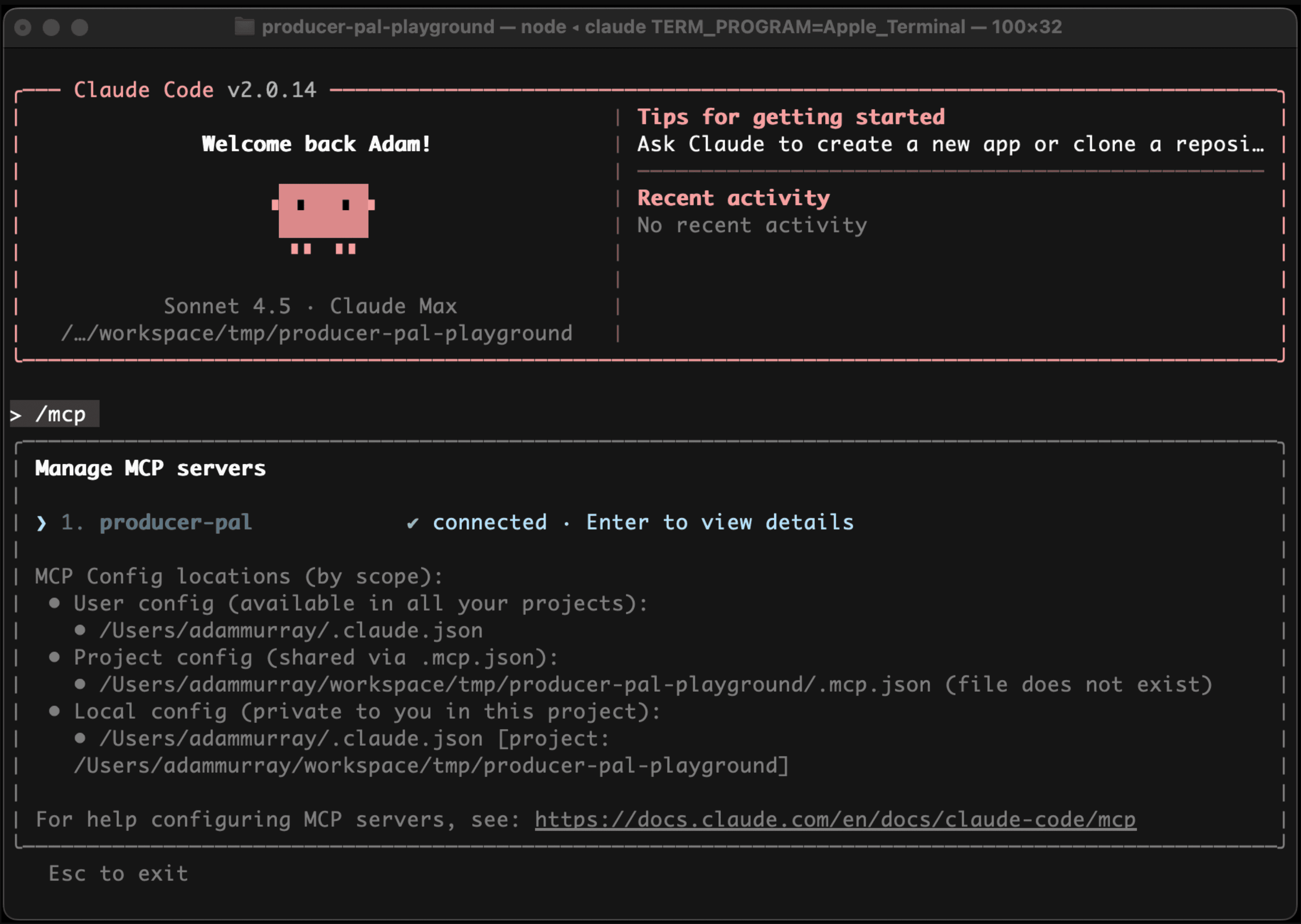 Claude Code’s MCP management screen displaying a connected server named producer-pal and its configuration locations.