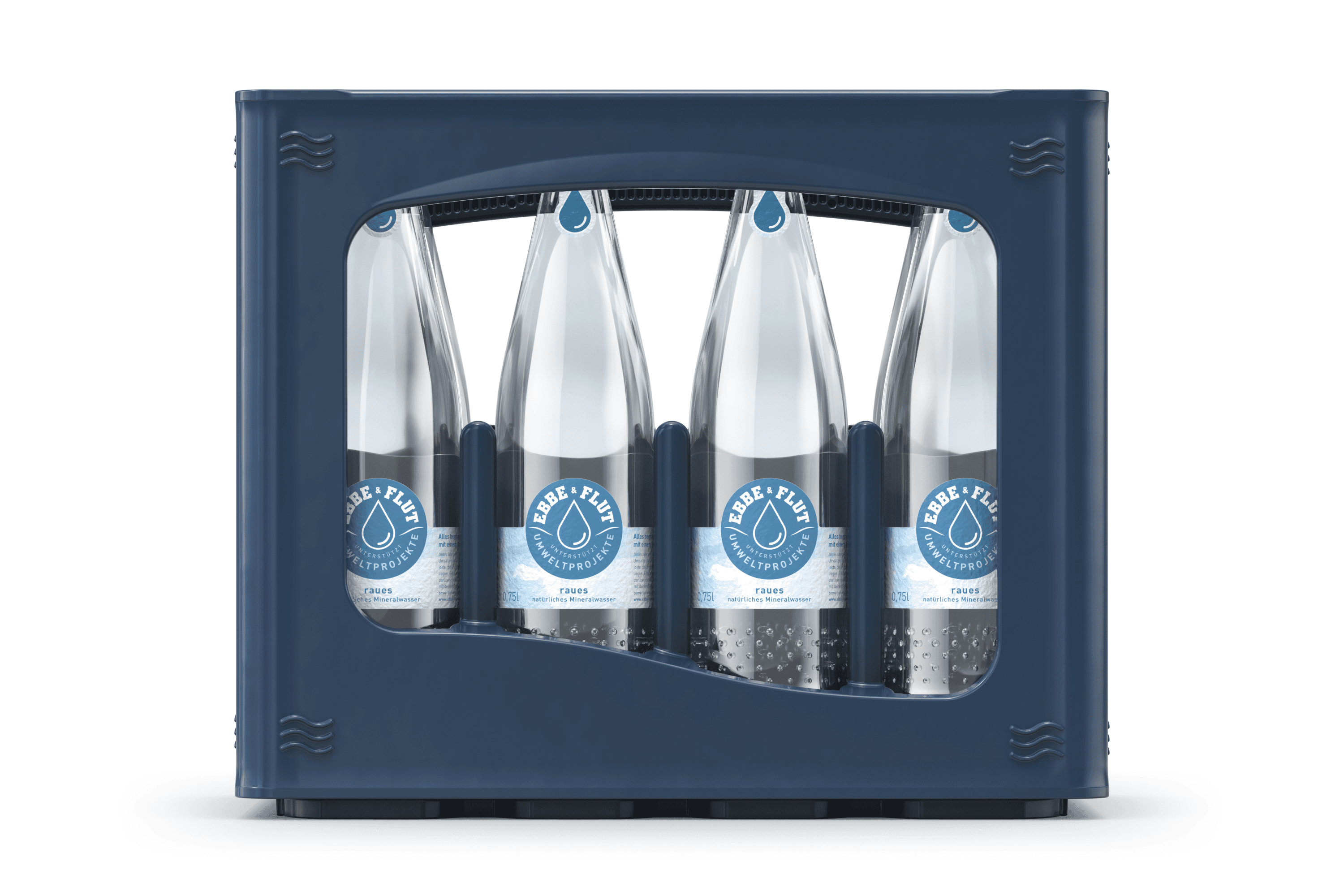 Pack of bottled water in a blue crate.
