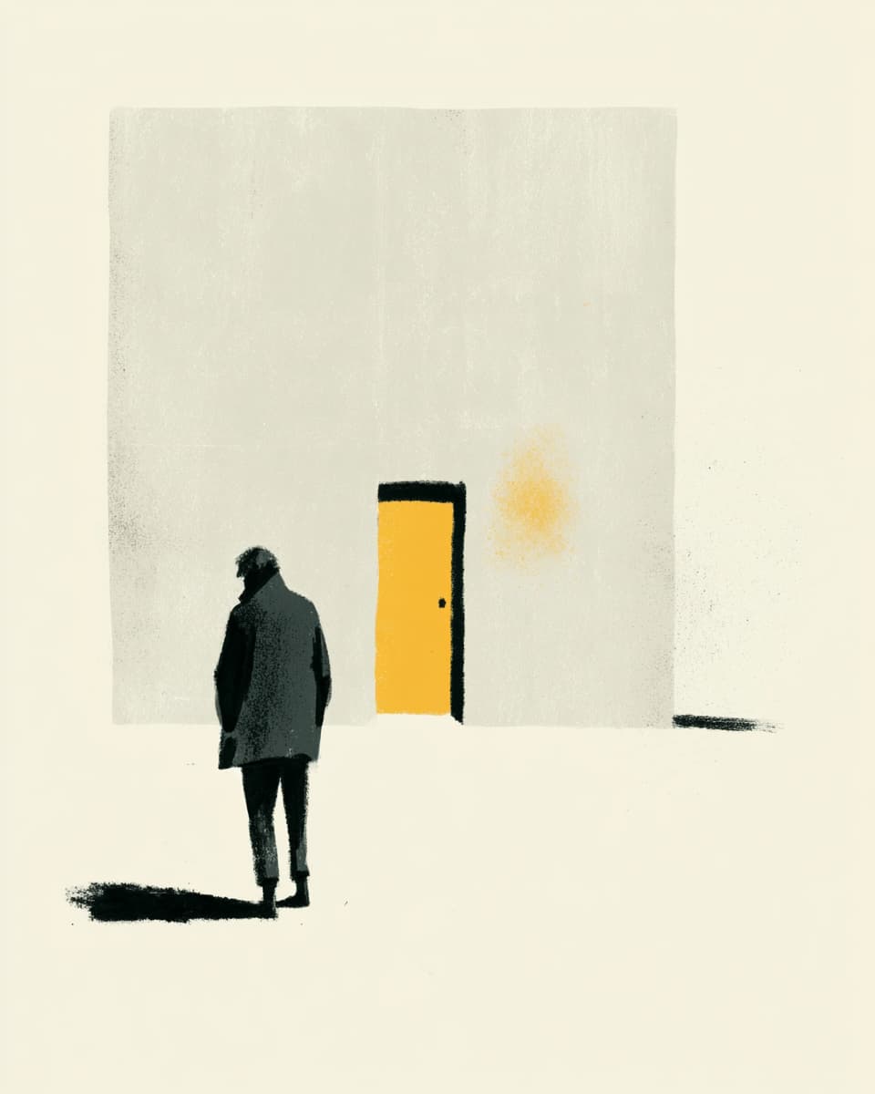 Illustration Mann geht auf gelbe Tür zu. Kunst, Minimalismus, Weg