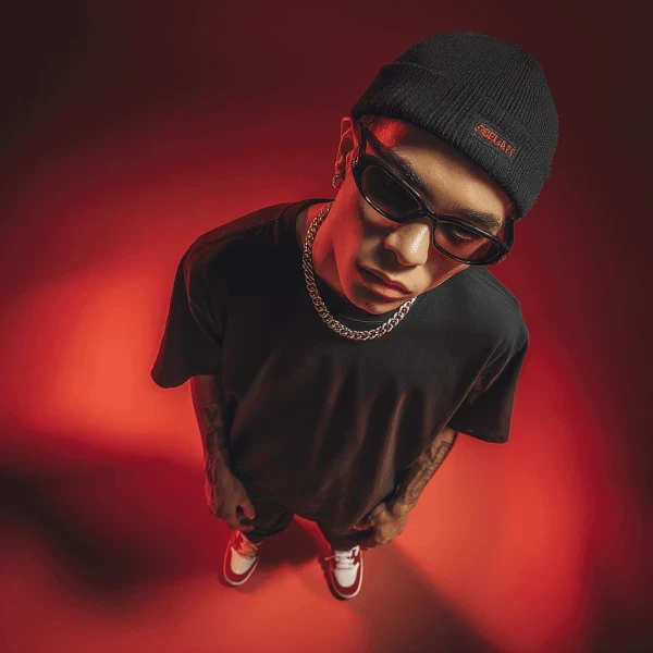 High-angle shot of a person wearing a black t-shirt, cap, and sunglasses against a red background.