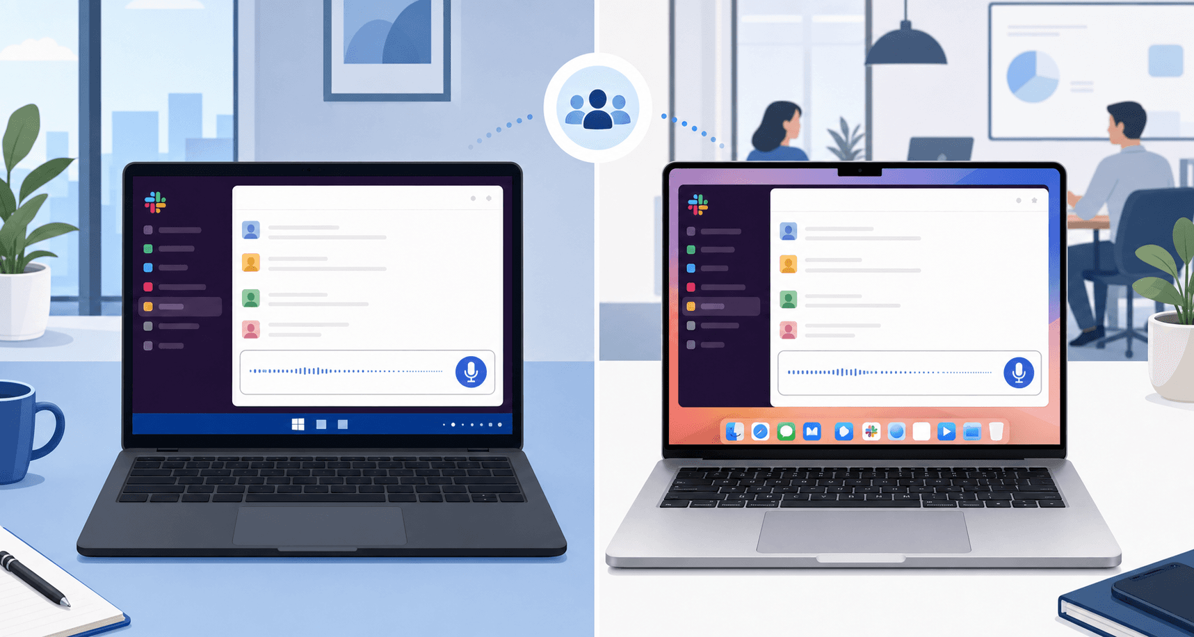 A split-screen illustration showing a Windows laptop on the left and a Mac on the right, both with Slack open. Both screens show voice dictation in action with text appearing in the message field. Clean flat illustration style, soft blue and white color palette, modern office environment. The scene emphasizes cross-platform compatibility and team communication.