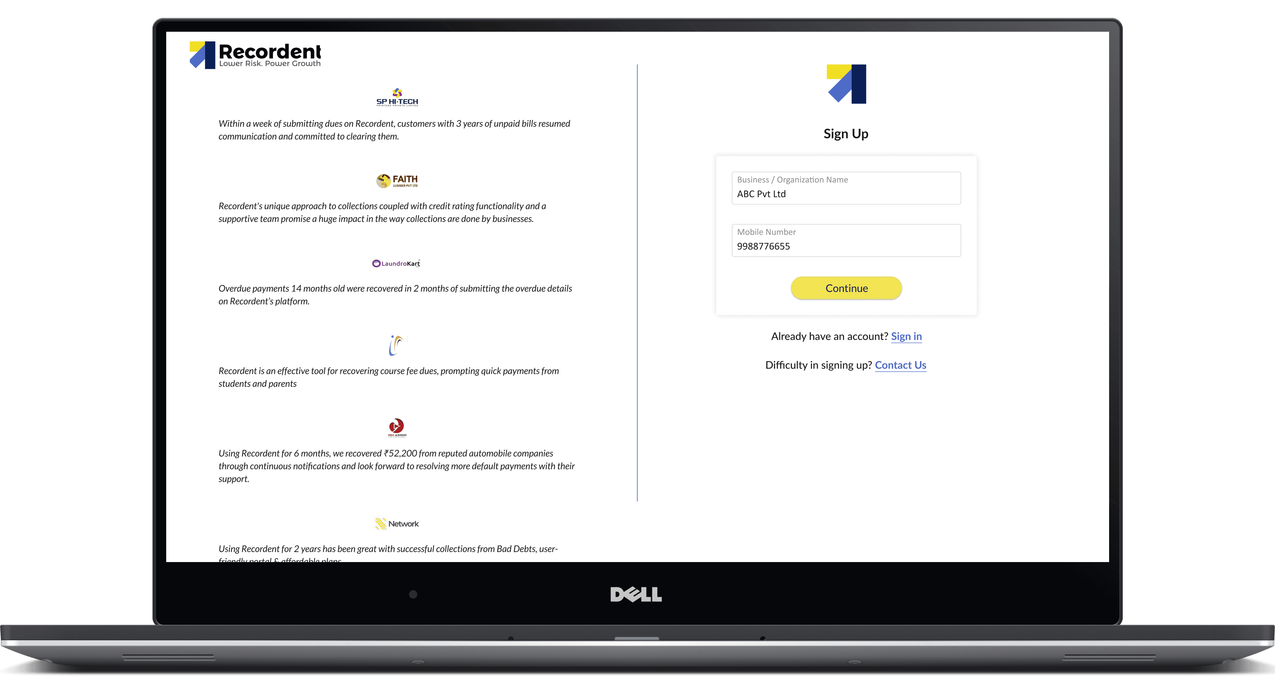 Prospect enters their business/ organization name and mobile number and click 'Continue'