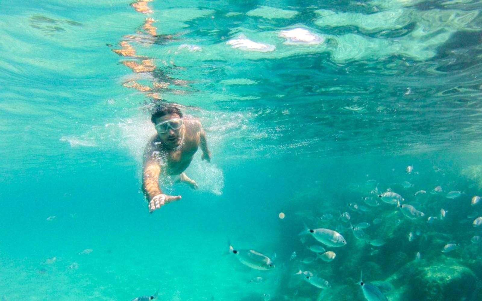 Snorkeler exploring underwater near Chia, surrounded by fish.