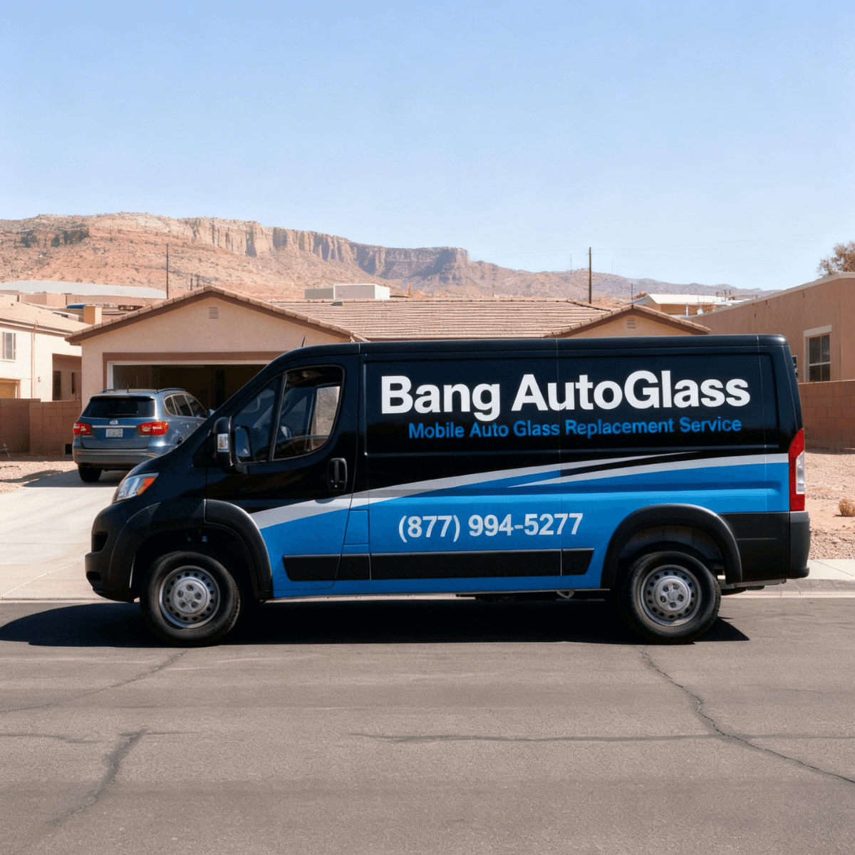 Bang AutoGlass van servicing a Flagstaff, AZ customer with scenic red rock formations visible in the background