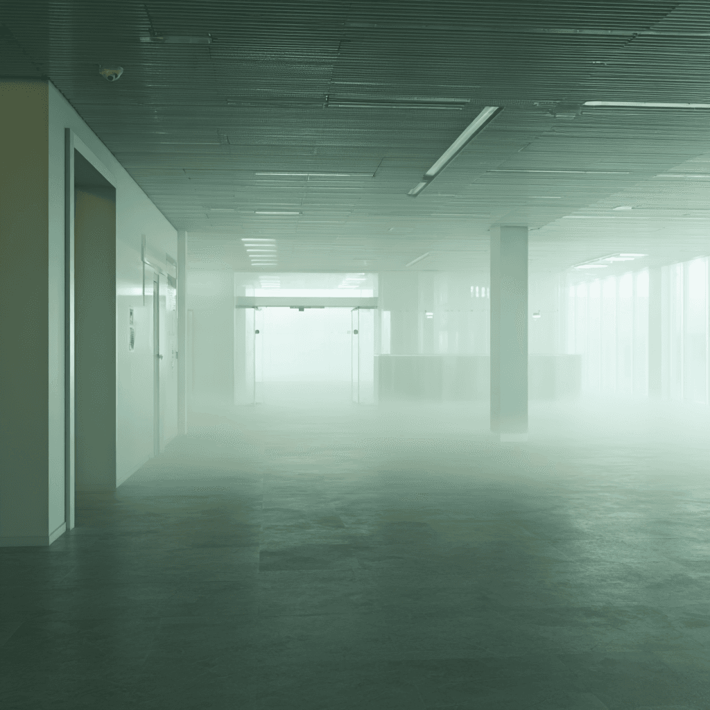 Corridor of a large facility during professional disinfection – disinfection mist visible