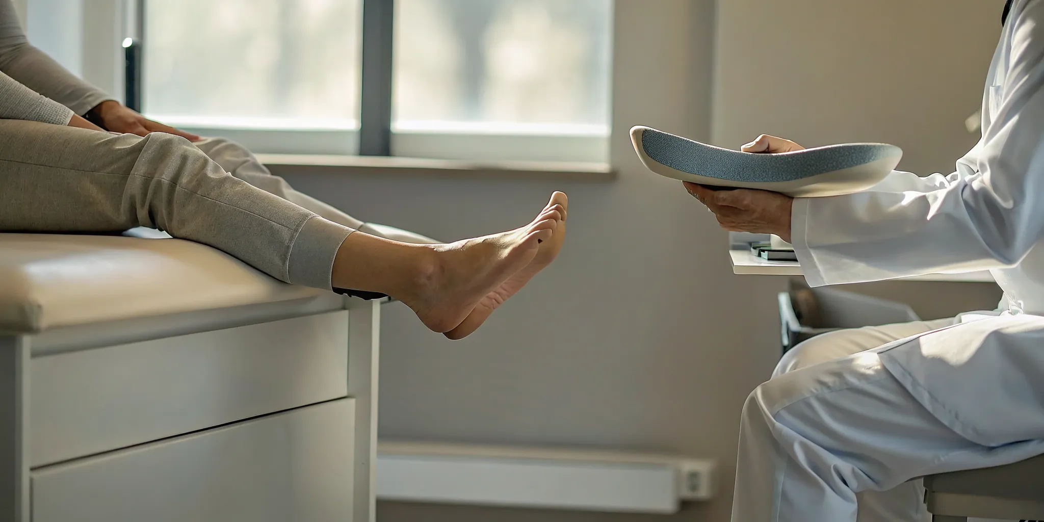 Podiatrist assessing a patient's feet for custom orthotics.
