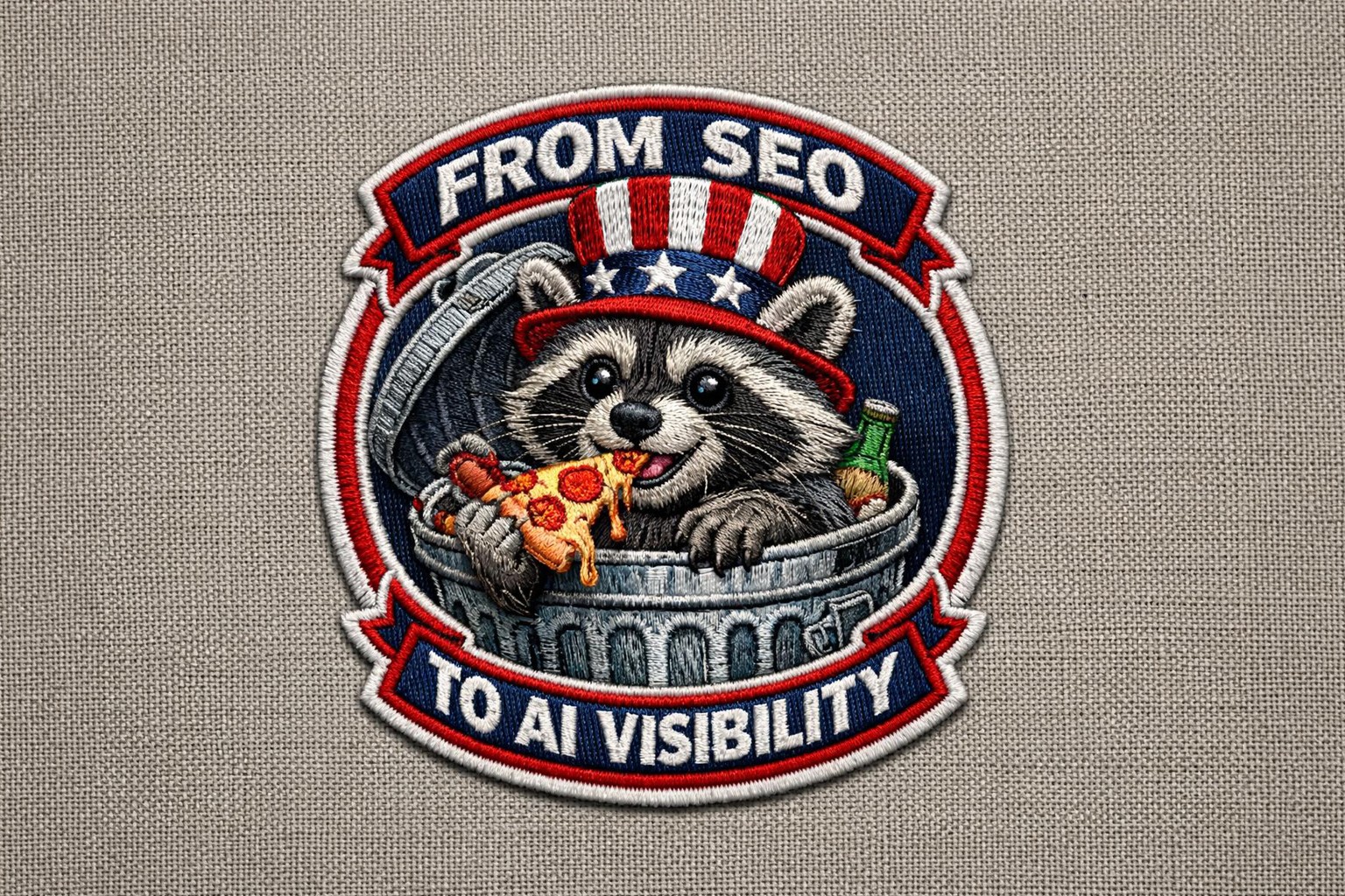 Highly detailed 3D embroidery patch, cute raccoon inside a metal trash