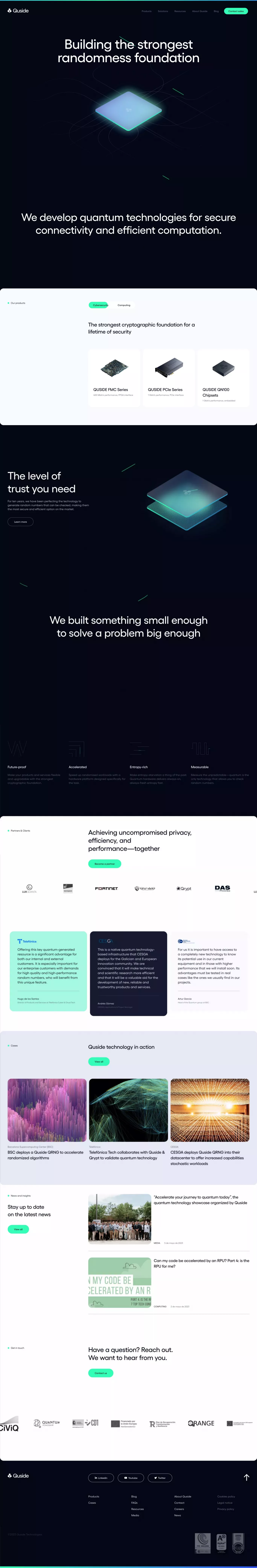 Quside – QRNGs for advanced solutions landing page screenshot showcasing Tech design