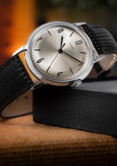 Timex Marlin vintage style watch with white dial and black leather strap