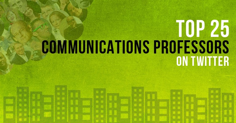 Green graphic with text: “Top 25 Communications Professors on Twitter.” Circular headshots appear in the upper left corner, and a cityscape silhouette runs along the bottom.