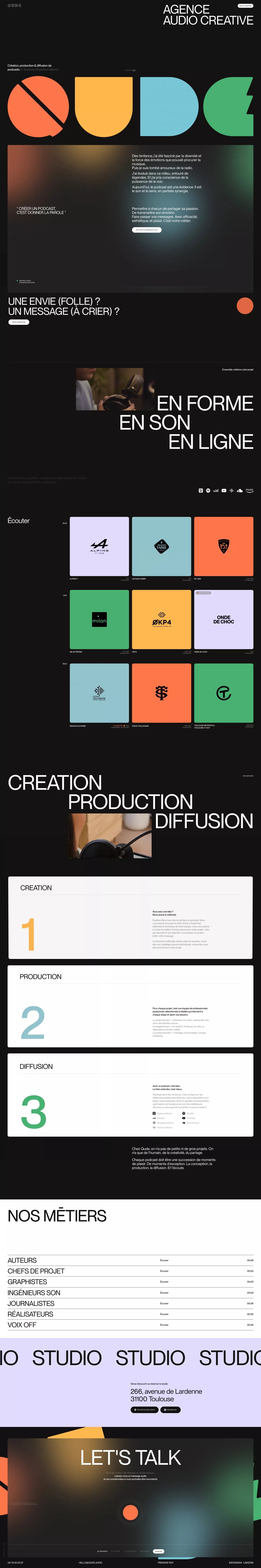 Qude : production de podcasts Toulouse portfolio page screenshot showcasing Tech and Music design