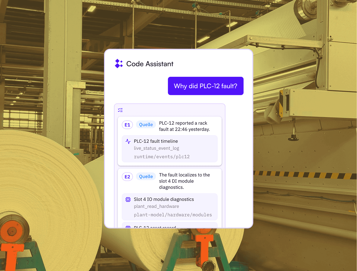 Linexa Code Assistant investigating a PLC fault on a paper production line