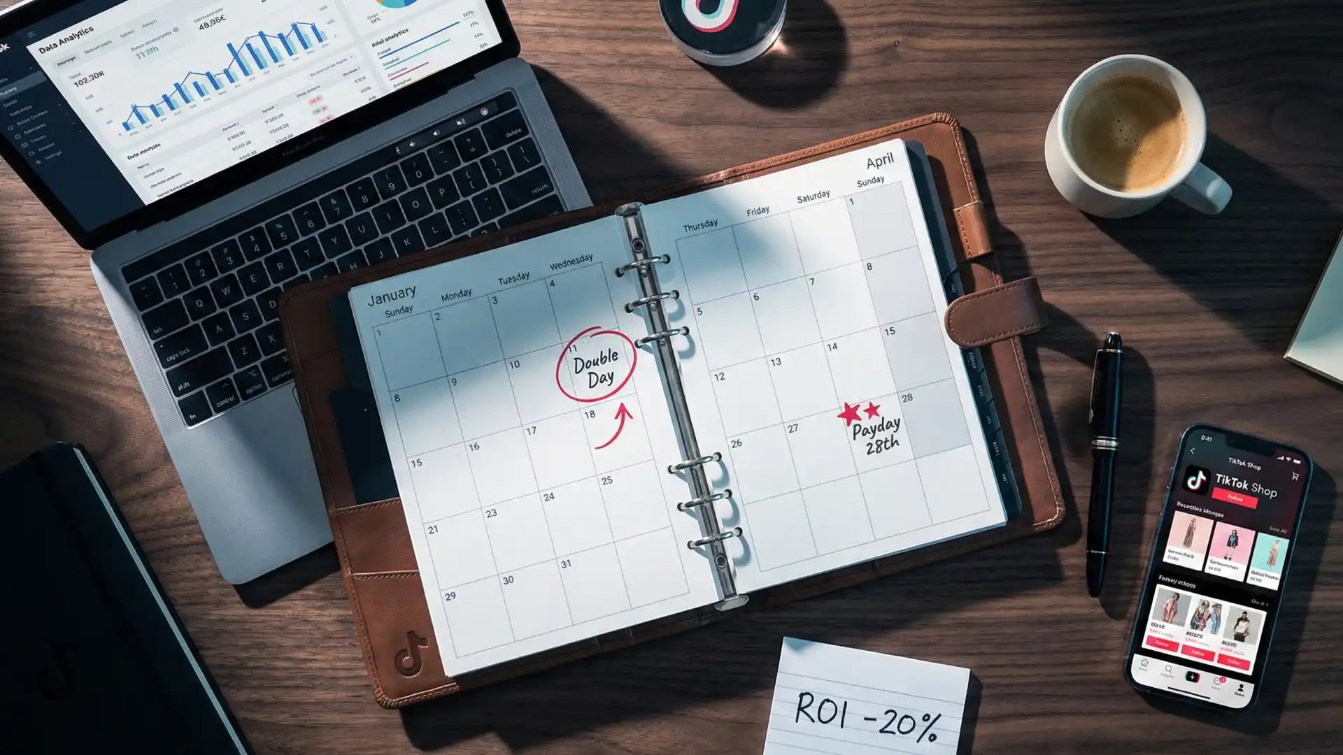 Strategic planning workspace with calendar marking Double Day and Payday promotions, laptop showing analytics, and ROI reduction notes