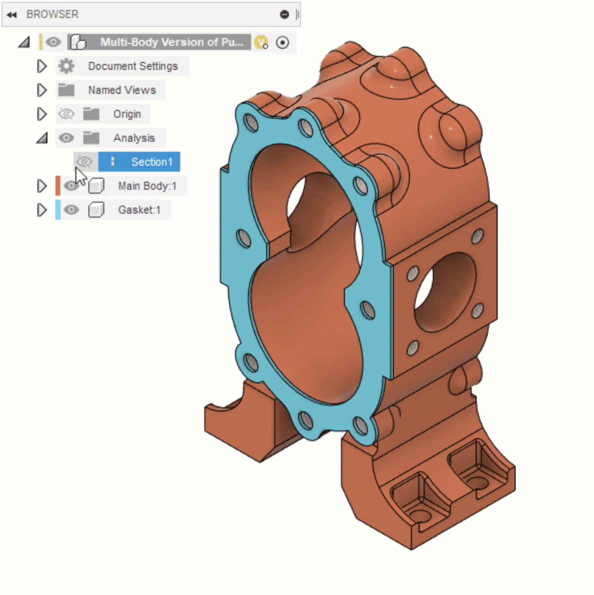 Fusion Section Analysis view revealing the internal geometry of a multibody model.