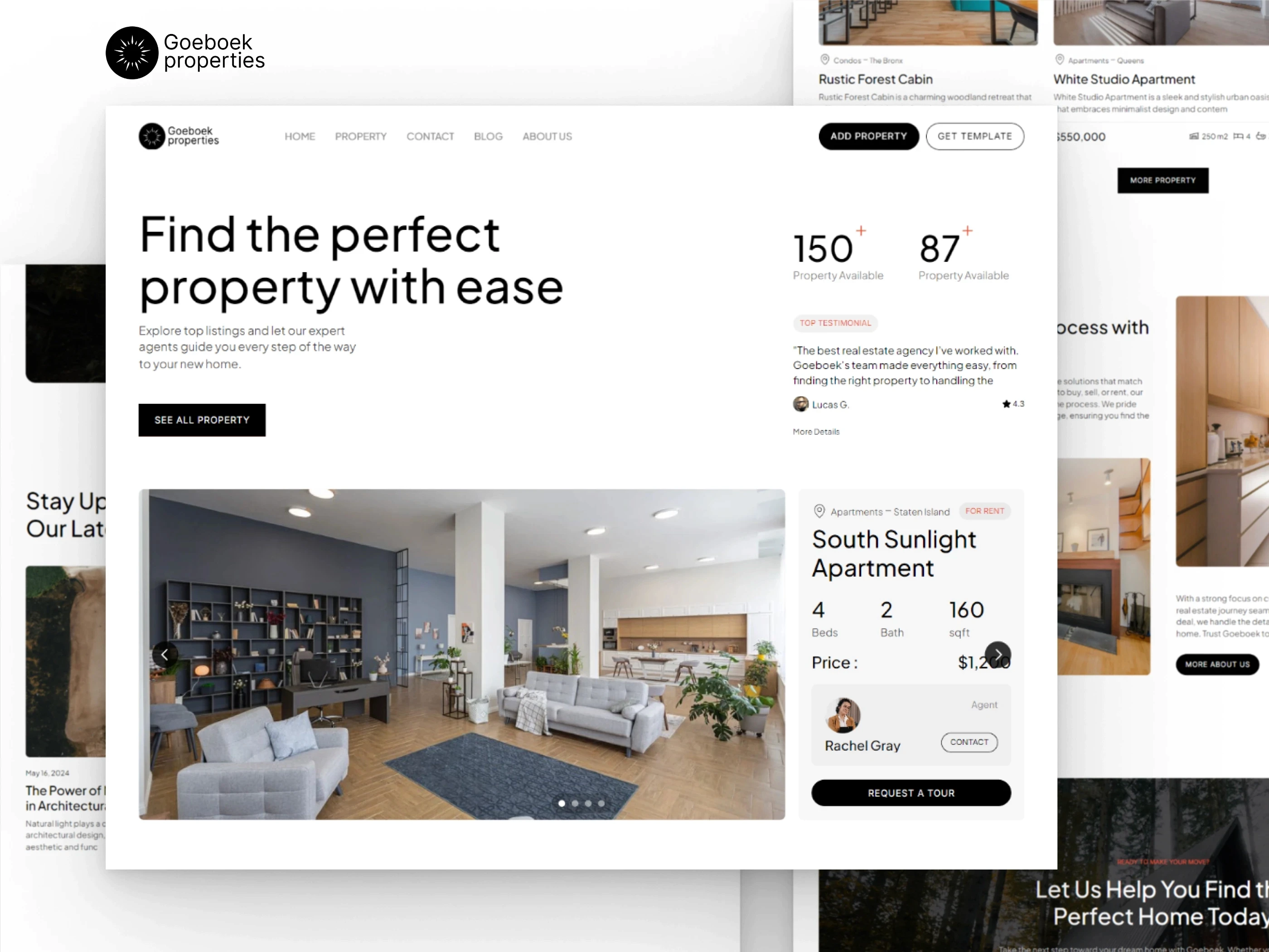 Goeboek real estate and property website template with listing details, agent info, testimonials, and blog section layout.