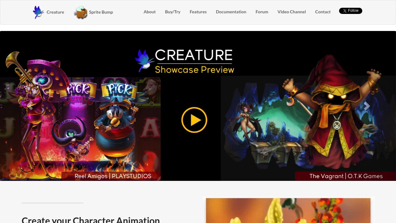 Screenshot of the Creature website displaying advanced 2D animation software information