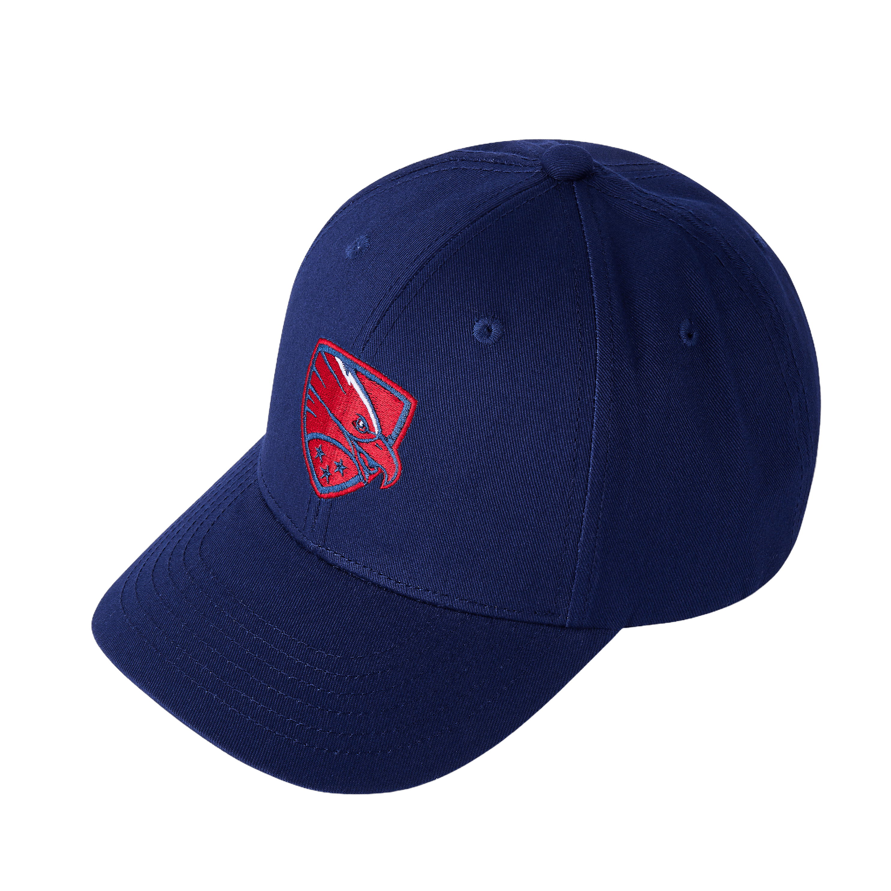 A blue baseball cap with a red embroidered logo on the front panel, featuring a stylized design. 