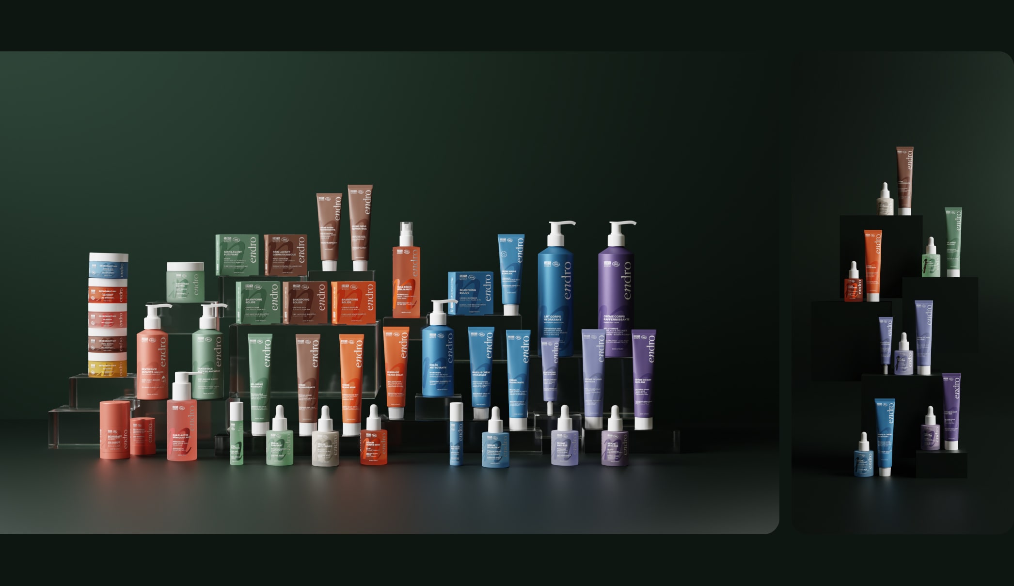 Digital Twins-based product photography of Endro Cosmetics product line stacked on Christmas-green background. Wide shot.