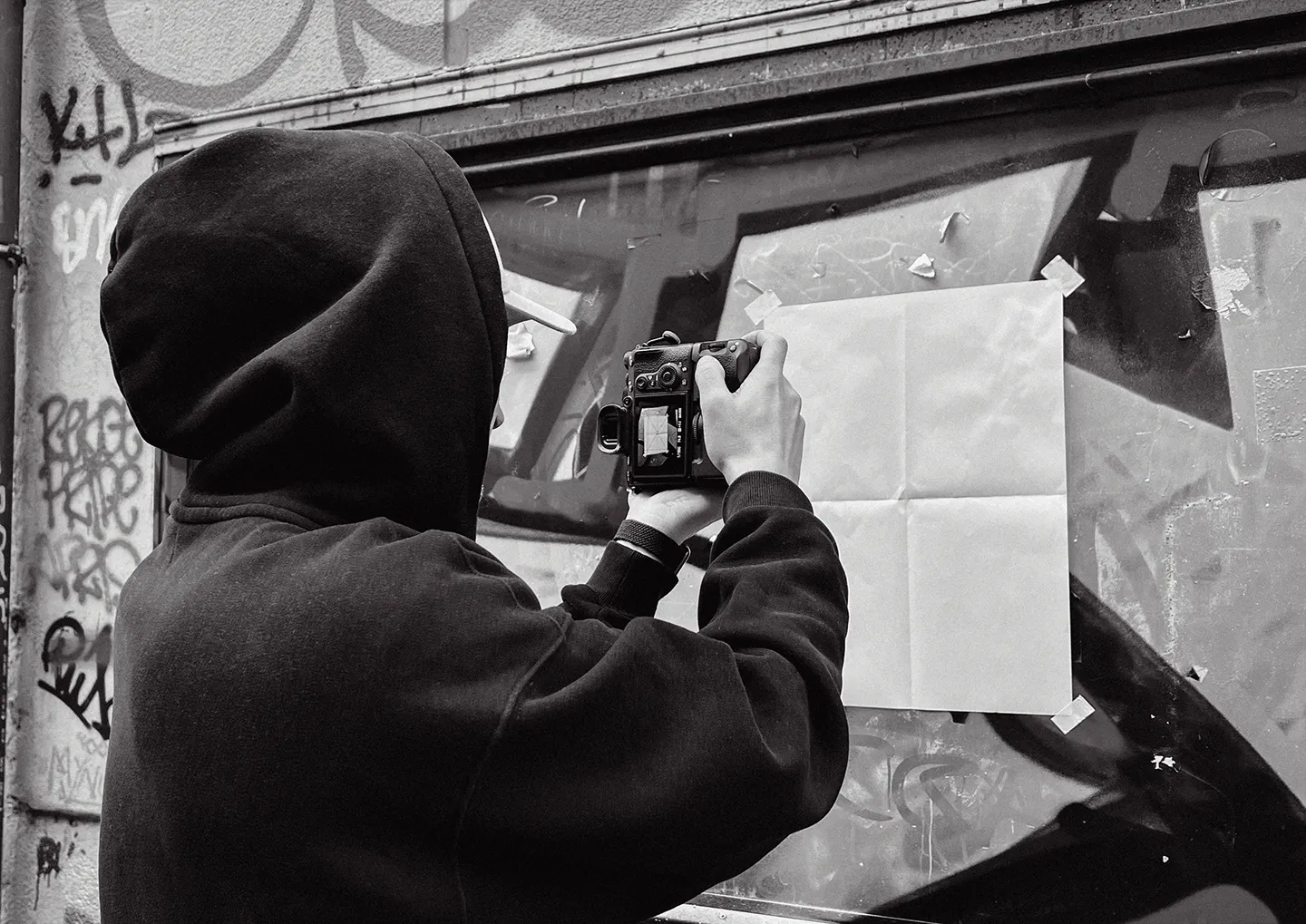 Yilmaz photographing a taped poster on a graffiti-covered wall in black and white.
