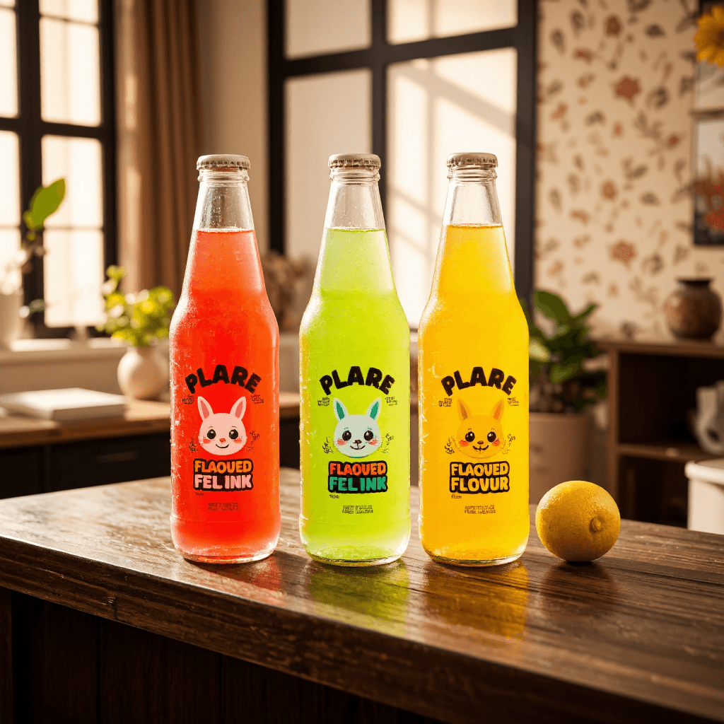 product photography of a set of flavored soft drink bottles