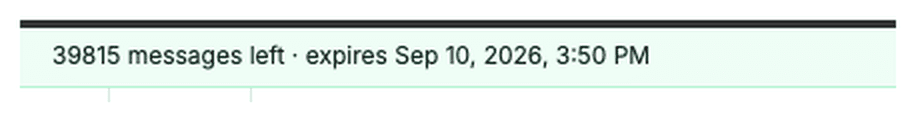 Account banner showing the remaining message balance and the package expiry date.