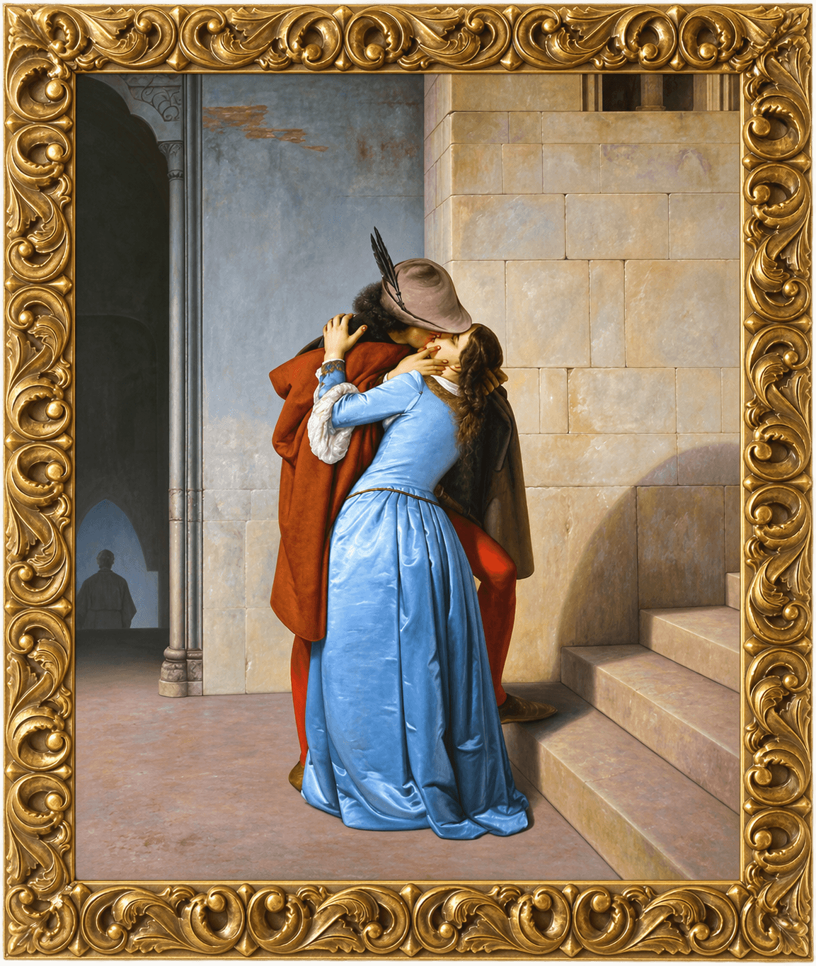 Il Bacio di Francesco Hayez, riproduzione dipinta interamente a mano ad olio su tela, copia d'autore di qualità museale - Atelier della Copia d'Autore
