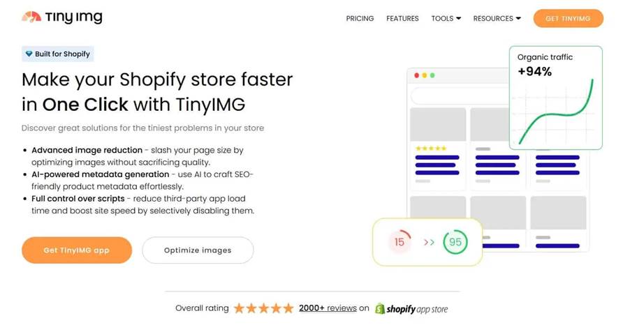 Pantallazo de Tiny IMG, una app que optimiza la velocidad de tu tienda Shopify.