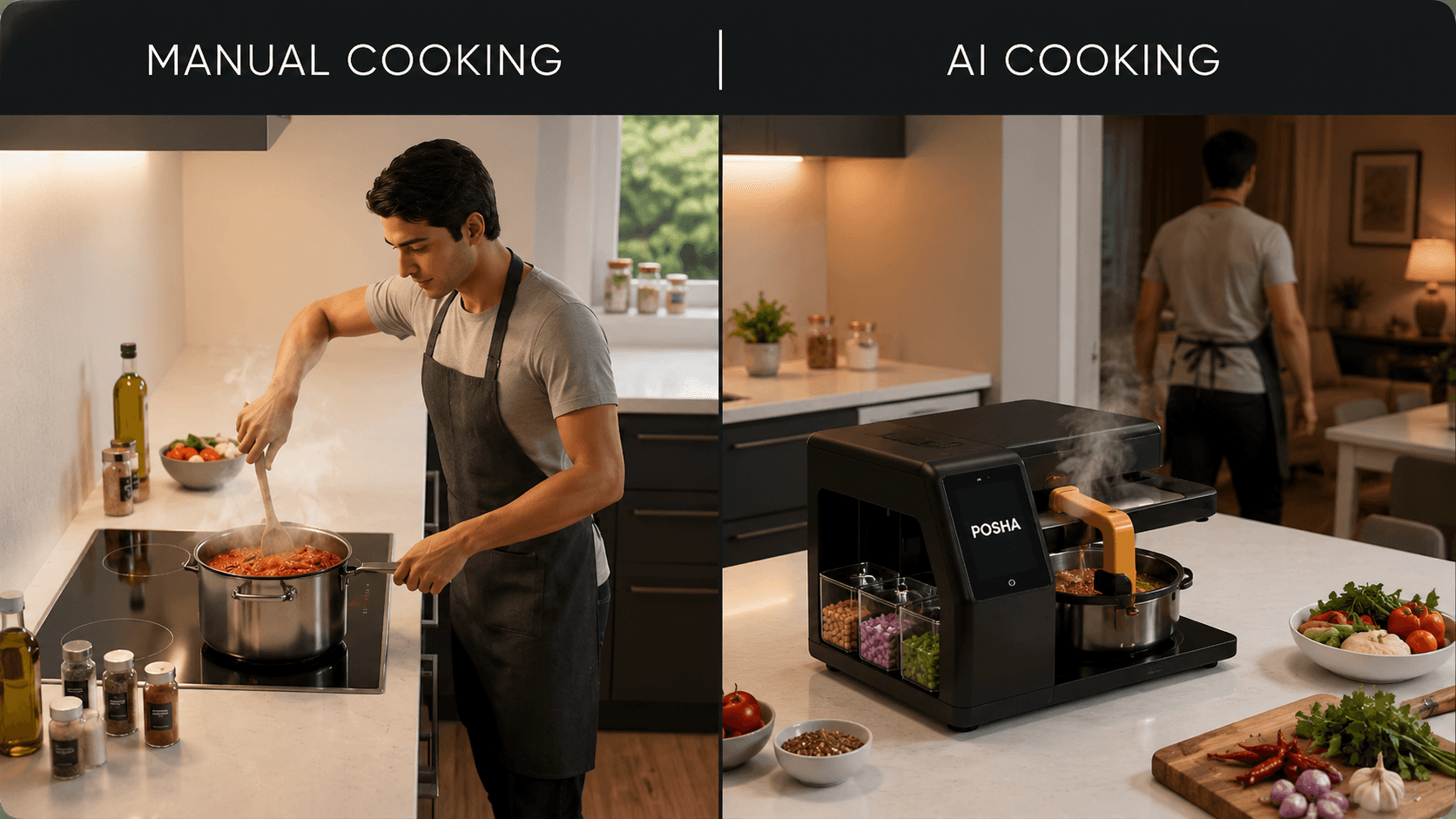 Side by side 3D render comparing manual cooking and AI cooking machine