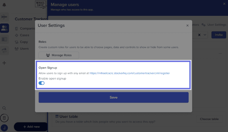 Stacker’s user settings page highlighting how you can toggle on/off the open sign up option.