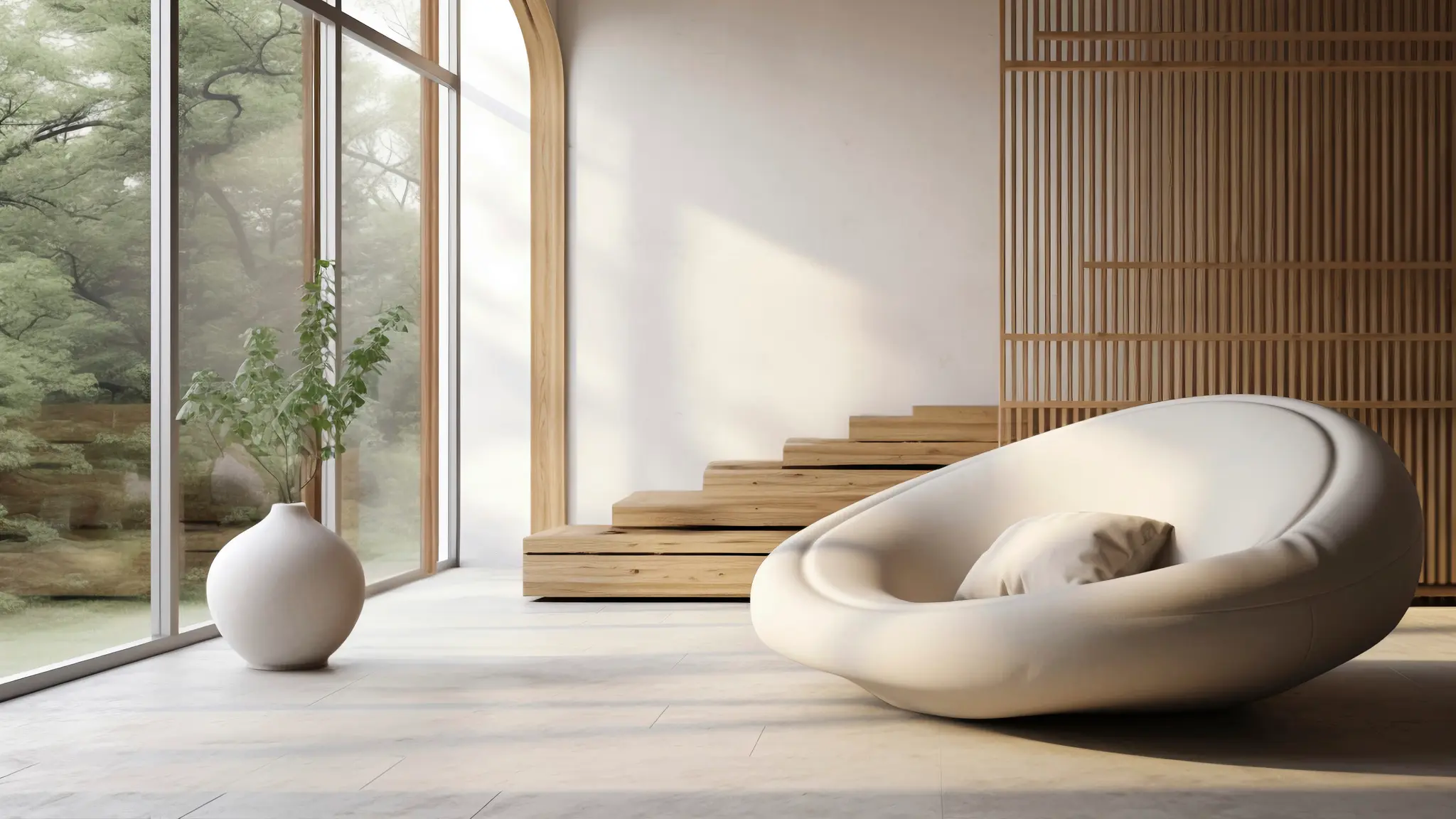 Spazio living moderno e minimalista con poltrona di design e grande vetrata in un immobile di lusso.