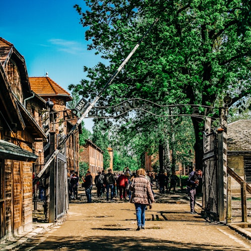 A group visiting Auschwitz with a guide
