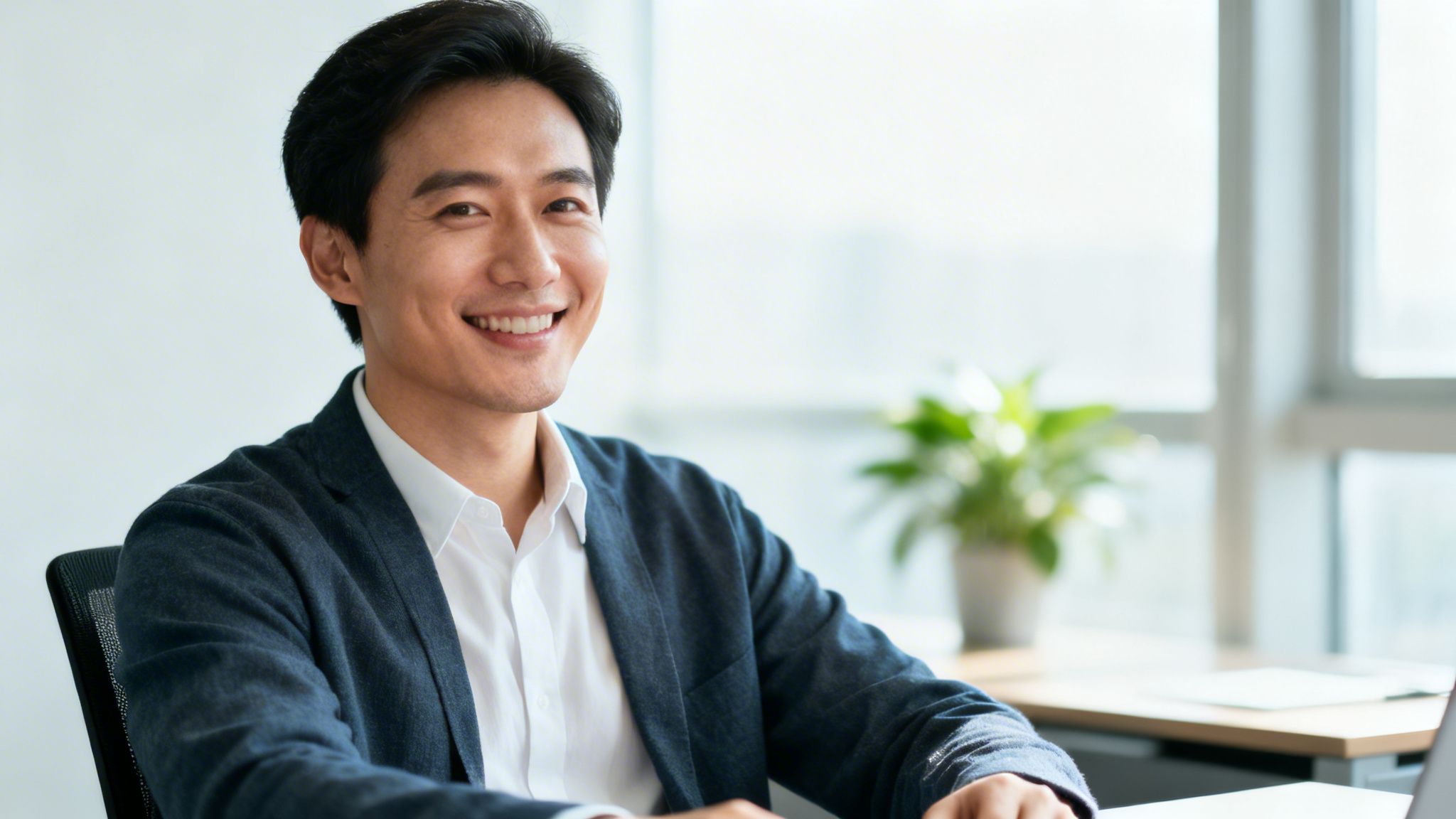 Ein lächelnder asiatischer Mann im blauen Sakko sitzt am Schreibtisch in einem modernen Büro.