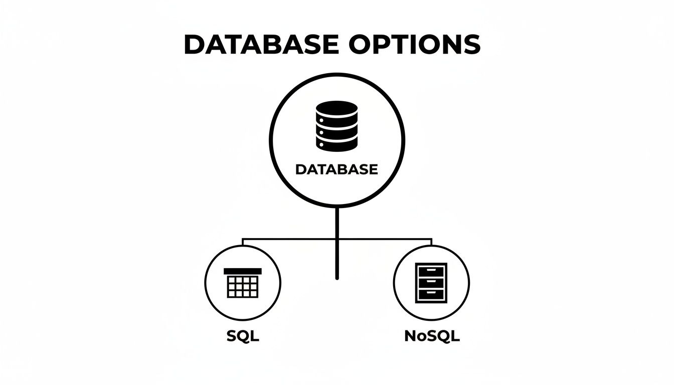A diagram titled 'Database Options', showing a database icon branching into SQL (table icon) and NoSQL (drawer icon).