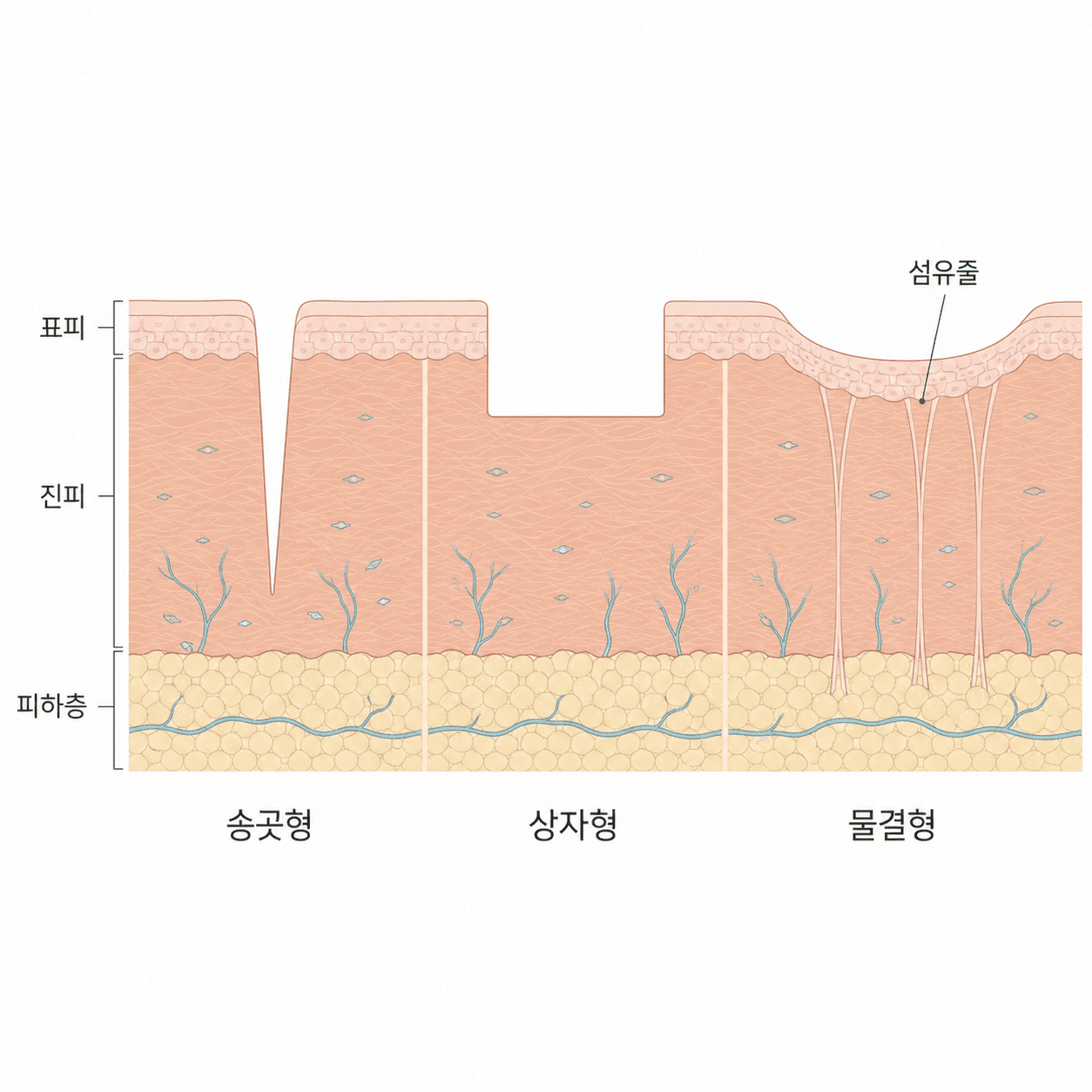 세 가지 패인 흉터가 각각 다른 깊이에 자리한 모습