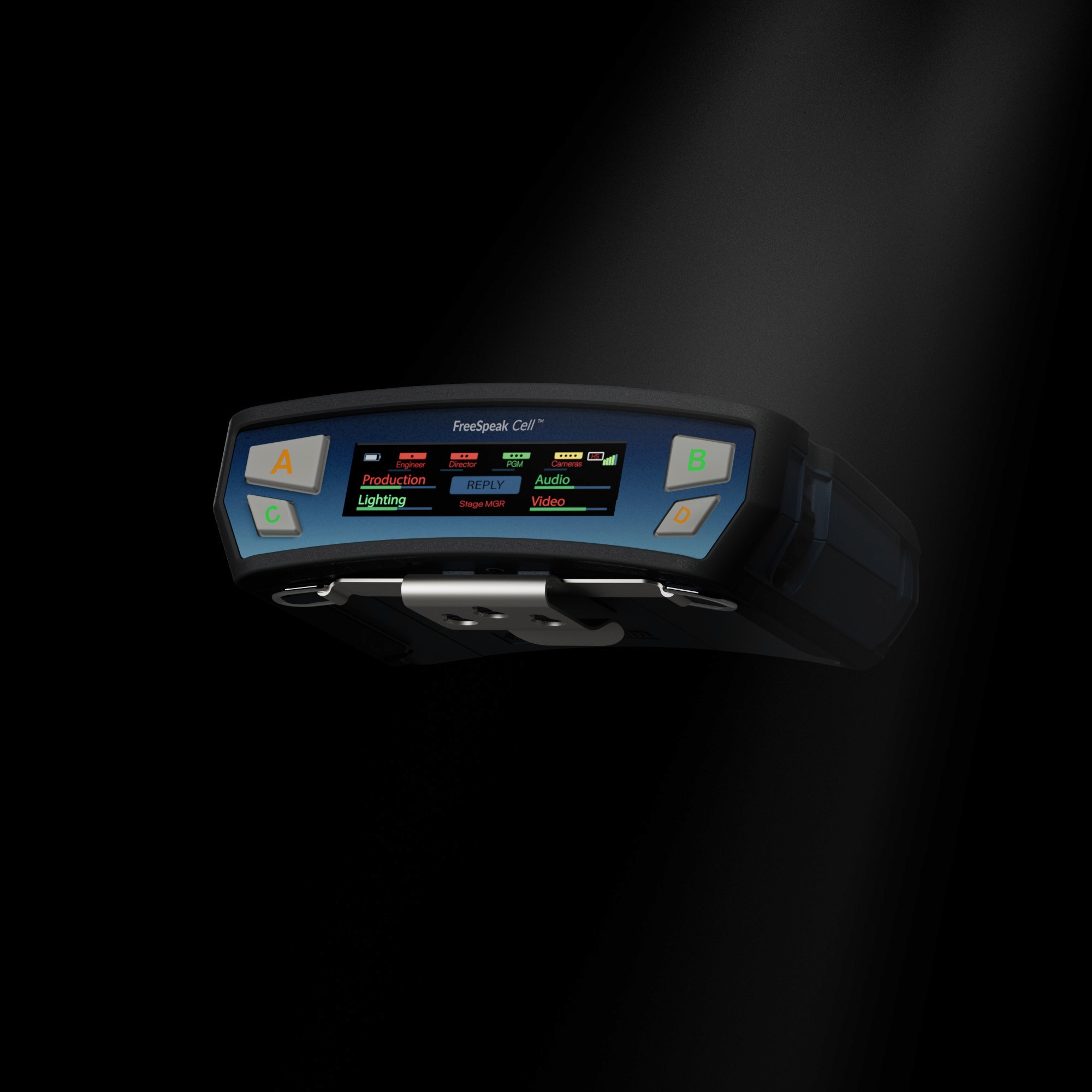 FreeSpeak Cell beltpack displaying the lights-on menu screen.