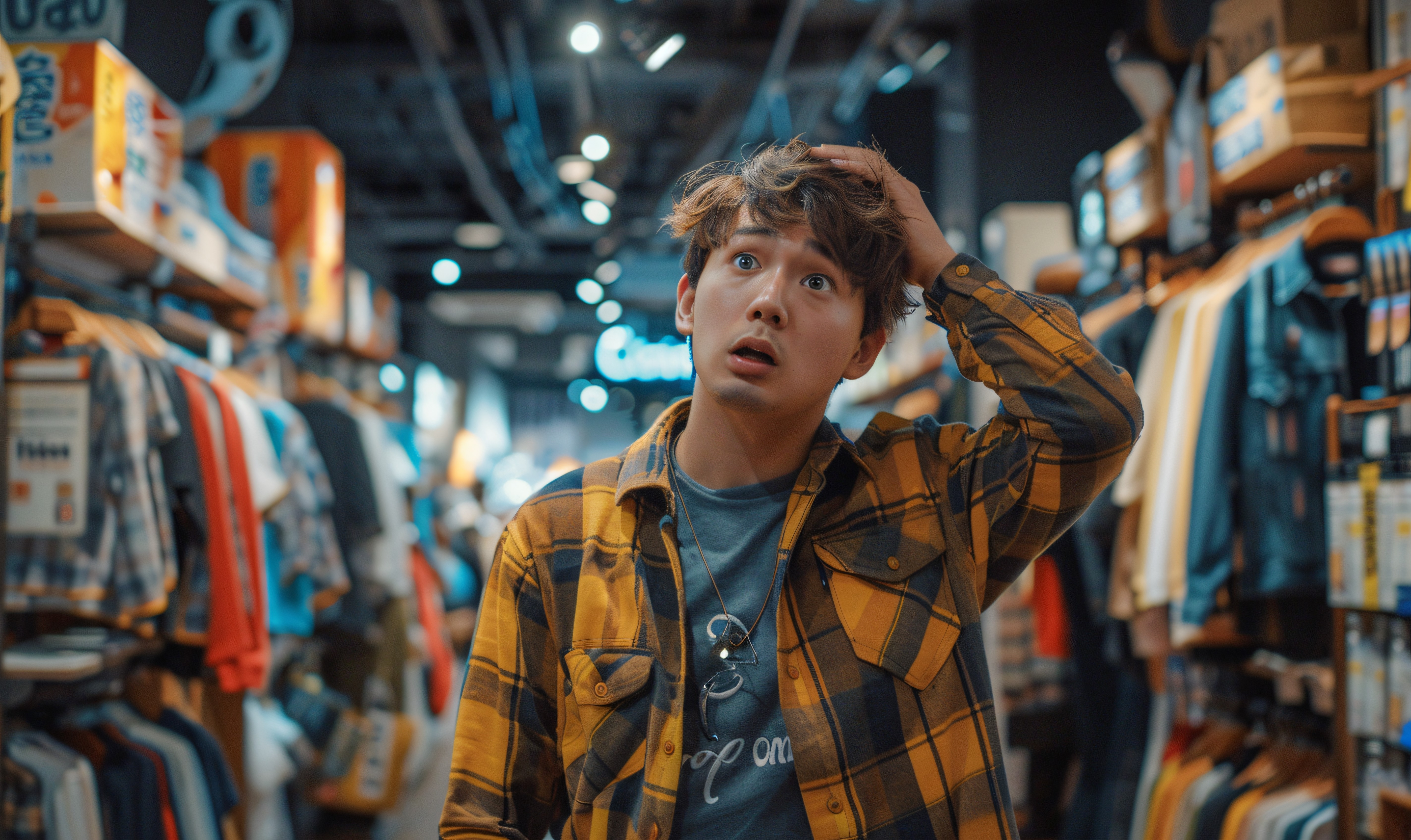 Confused shopper in retail store symbolizing irrelevant promotions and mismatched product links in TikTok Shop videos.