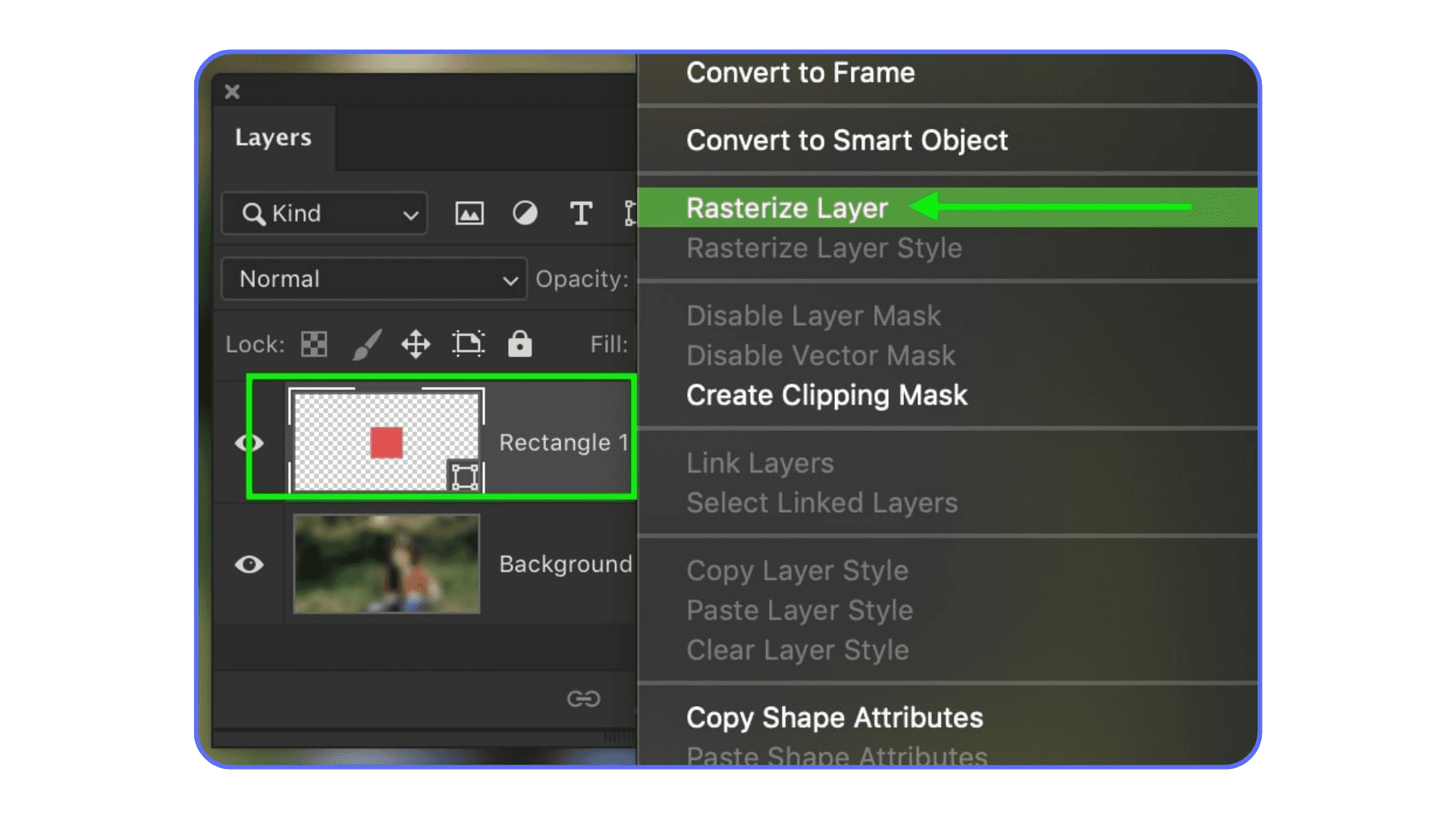 Photoshop Layers panel highlighting a shape layer with the Rasterize Layer option selected