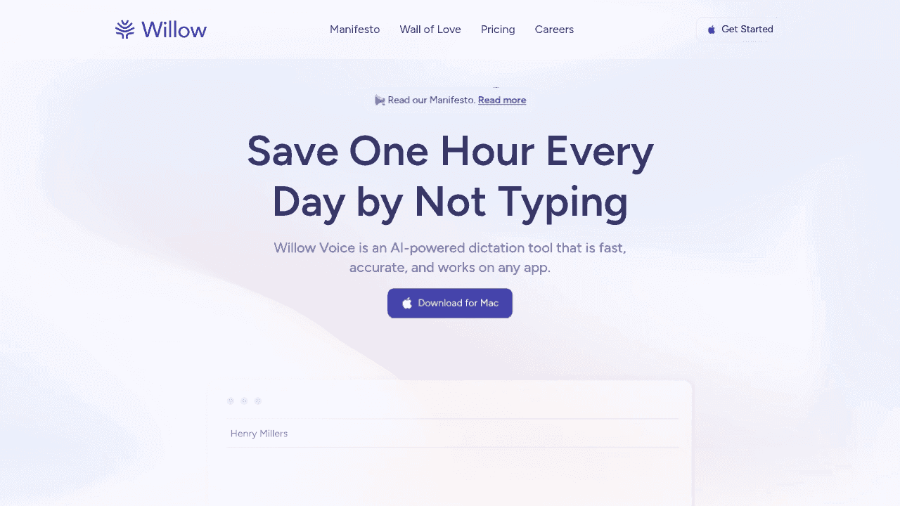 Willow Voice AI-powered dictation tool homepage showing universal voice-to-text features for Mac applications