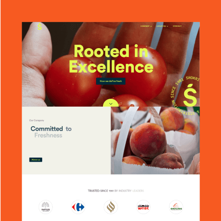 Website design for a fresh produce company, featuring bold visuals of tomatoes and peaches, created by Fika Design Studio. The clean, modern UI emphasizes the brand’s commitment to excellence and freshness, with strategic use of branding and typography.