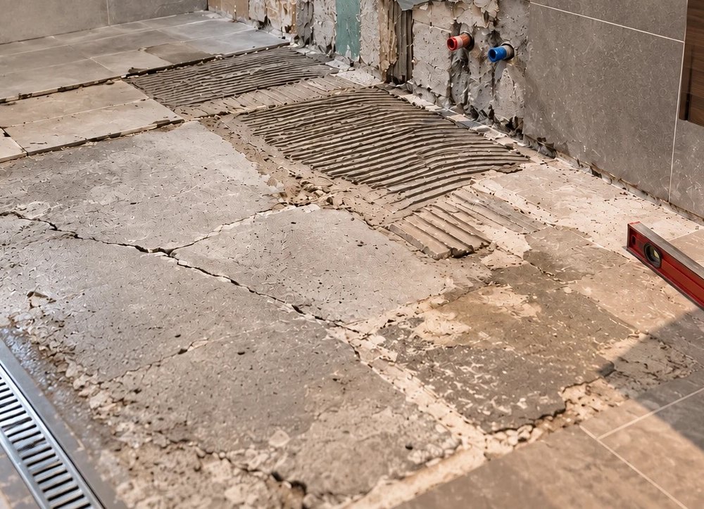 Support de carrelage dégradé après dépose : traces de colle, fissures et contrôle de planéité au niveau