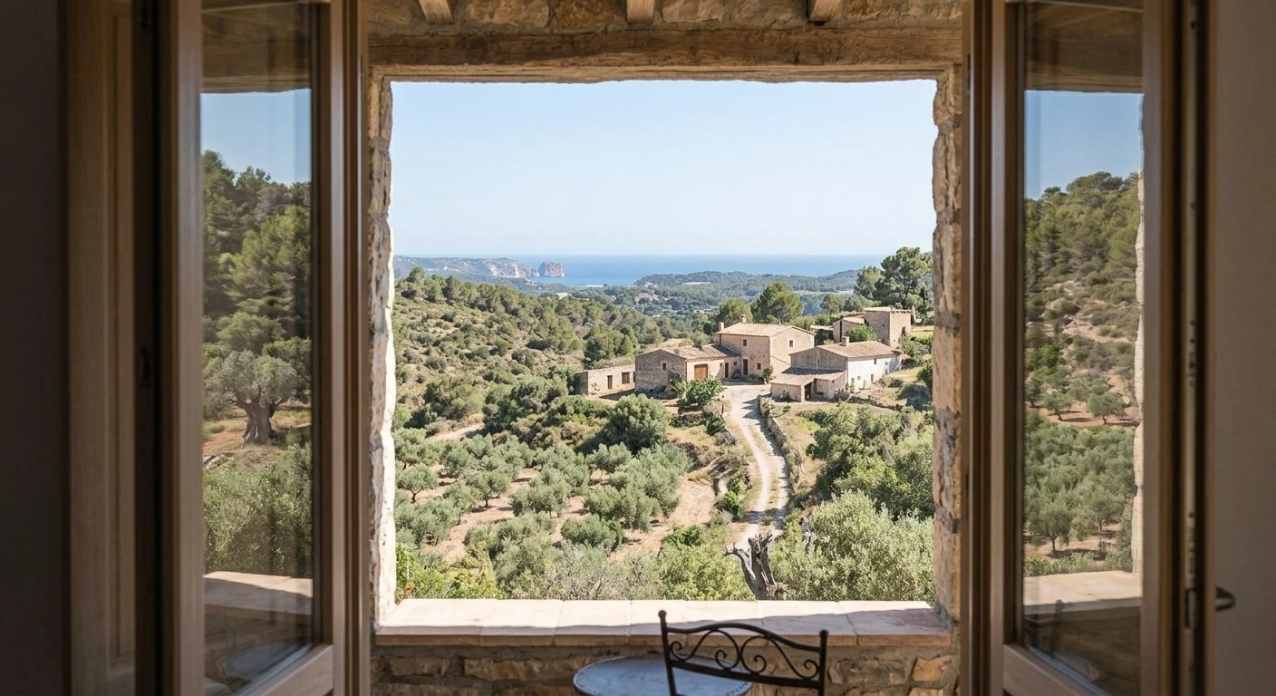 View from a stone villa window across olive groves to the Mediterranean coast