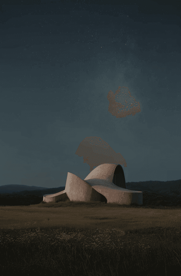 Desert landscape with smooth biomorphic architectural forms at dusk
