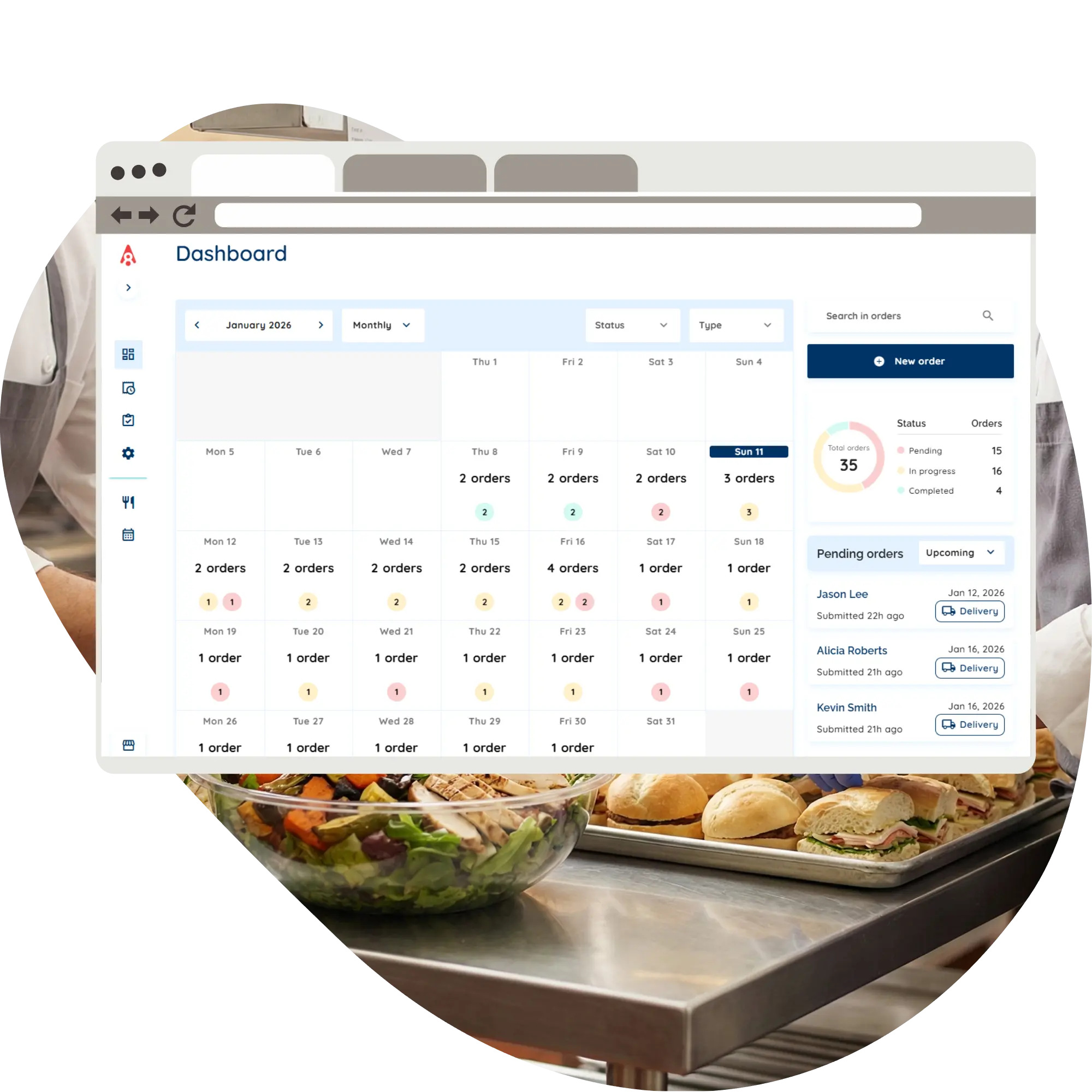 Rally Catering back office console dashboard for managing recurring corporate catering orders and production