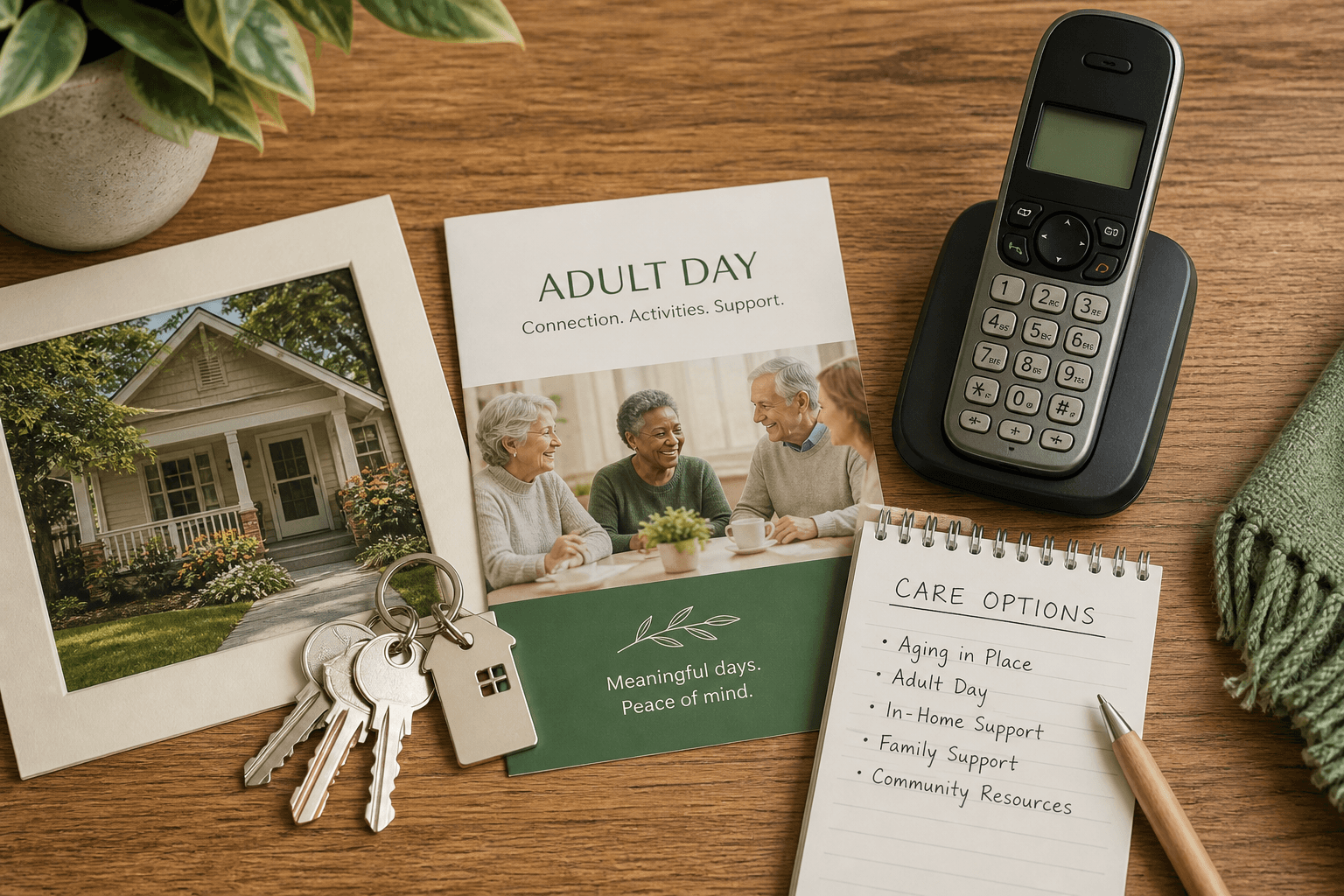 The image shows a wooden desk surface with several items related to adult care and support. There is a brochure titled 'Adult Day: Connection. Activities. Support.' featuring a group of smiling senior adults seated around a table. Nearby, a framed photo of a charming house, a set of keys with a house-shaped keychain, a cordless phone on its base, and a spiral notepad with handwritten care options including Aging in Place, Adult Day, In-Home Support, Family Support, and Community Resources. A green knitted blanket and a plant in a pot are partially visible, suggesting a warm, home-like environment. This setup visually represents resources and options for adult day care and senior support services.
